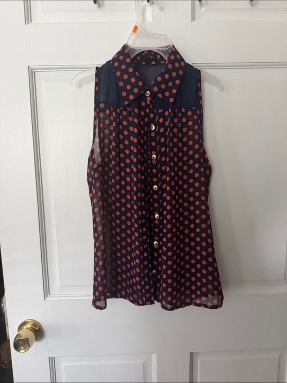 edge Black Sleeveless Button-Front Blouse with Red Polka Dots